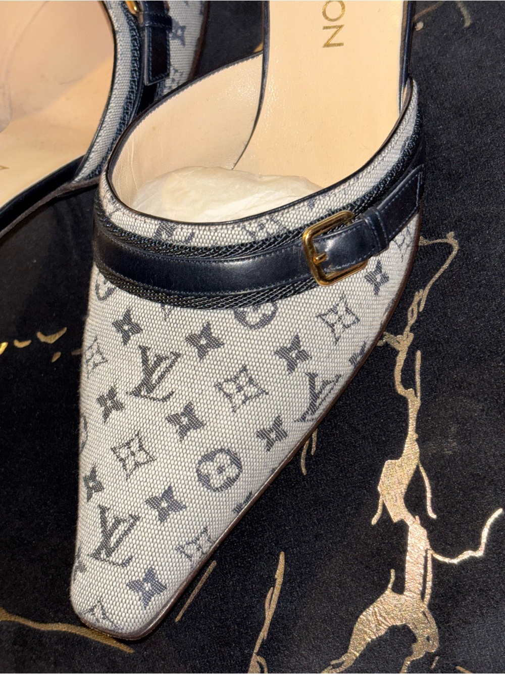 Louis Vuitton Gray Monogram Canvas Pointed Toe Mules with Black Trim